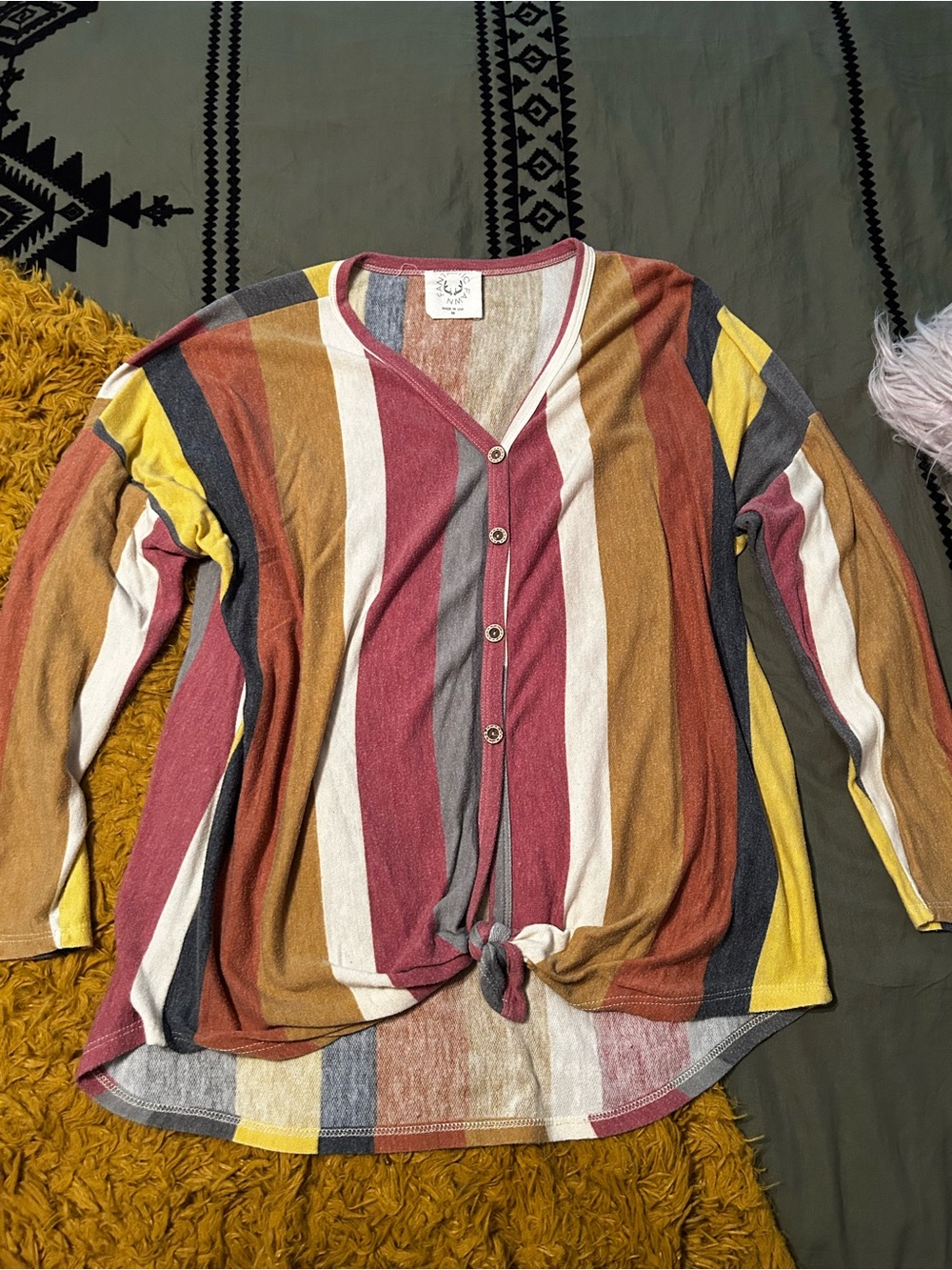 Striped Button-Front Knit Top in Rust, Mustard & Cream